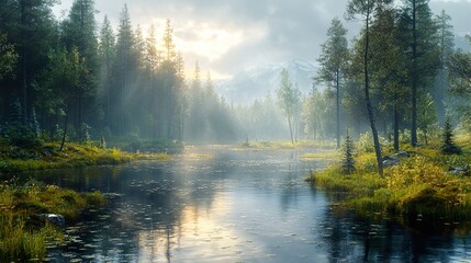 Peaceful Forest Lake with Sunlight and Fog