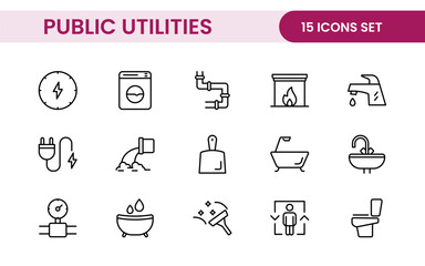 Public utilities linear signed icon collection. Signed thin line icons collection. Set of public utilities simple outline icons.