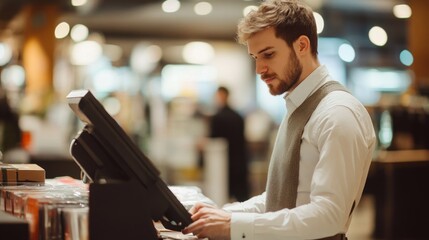 Fototapeta premium Man Working at a Cash Register in a Retail Store
