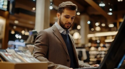 Man with beard in a jacket using a cash register