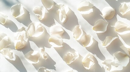  A white bouquet resting on white paper with shadowy background walls