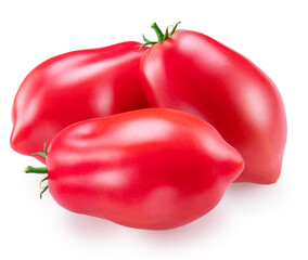 Red ripe Roma tomatoes or plum tomatoes isolated on white background. File contains clipping path.
