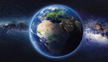 Realistic Earth Planet, rotating on its axis in space against the background of the Milky Way star sky. Astronomy and science concept. Continents and oceans. 