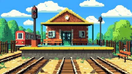 Simplified Pixel Art Train Station Scene