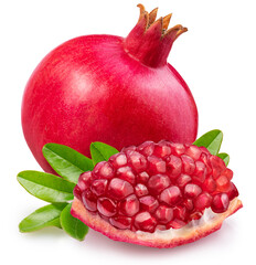 Pomegranate fruit, piece of pomegranate full of seeds and fresh green leaves on white background....
