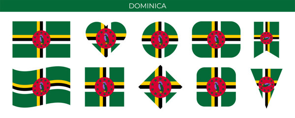 Dominica flag set. National flag in various shapes. Vector illustration isolated on white background