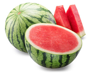 Round striped watermelon and watermelon slices isolated on white background. Clipping path.
