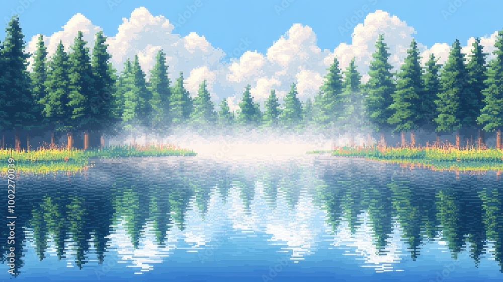 Poster misty swamp with pixelated trees and reflections