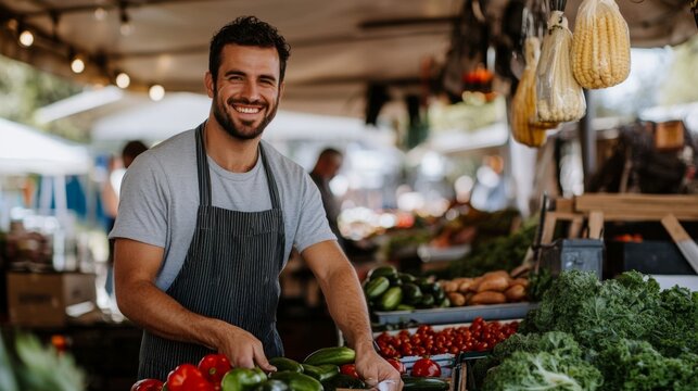Smiling Man Arranging Produce at a Market Stall