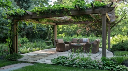 Serene Outdoor Pergola Wrapped in Lush Greenery