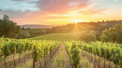 Naklejka premium Vineyard at Sunset with Rows of Grape Vines