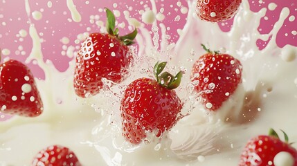   A strawberry group splashes into a milkshake with a milk on top