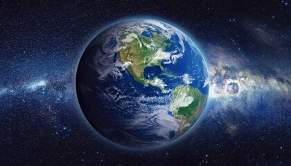 Fototapeta premium Realistic Earth Planet, rotating on its axis in space against the background of the Milky Way star sky. Astronomy and science concept. Continents and oceans. 