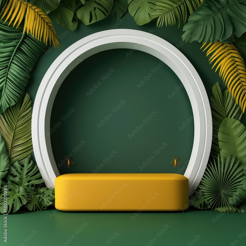 Poster modern minimalist setup with greenery and round frame