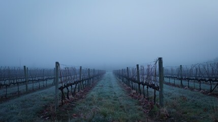 Fototapeta premium Foggy Vineyard Landscape with Barely Visible Grape Vines