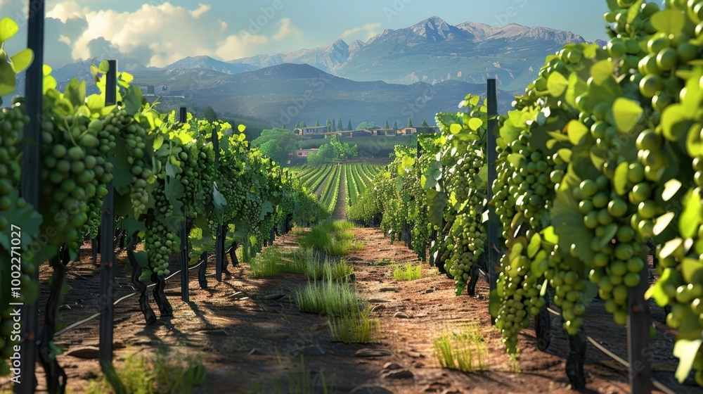 Wall mural Scenic Vineyard Path through Rows of Grapevines