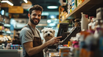 Fototapeta premium Smiling Man with White Dog at a Pet Store Counter