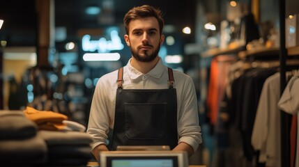 Fototapeta premium Young Male Store Clerk Wearing an Apron and White Shirt in a Clothing Store