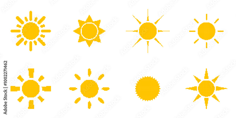 Poster pixel art sun icon set. pixelated sun icons in nostalgic 8 bit style. weather retro ui design elemen