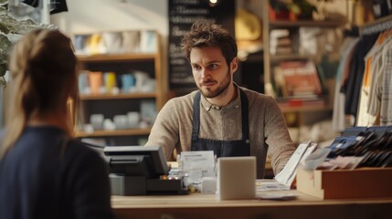 Male Cashier Talking to Customer at Retail Counter