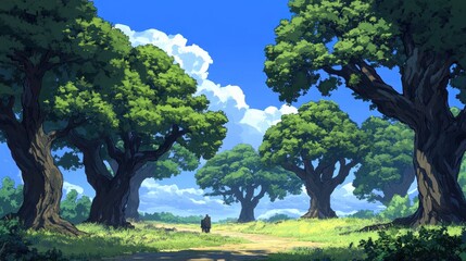Fototapeta premium Simple Forest Edge with Blocky Trees and Blue Sky