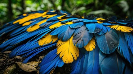 Fototapeta premium A close-up photo of a blue and yellow bird's feathers on its back