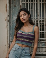 Fototapeta premium Confident woman in handmade crochet crop top posing in front of vintage distressed metal gate.