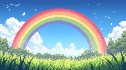 Colorful Pixel Rainbow Over Grassy Field