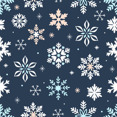 Seamless pattern with snowflakes of different shapes on a blue background. Vector graphics.