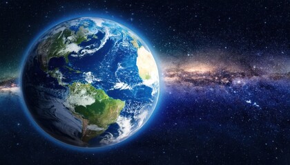 Realistic Earth Planet, rotating on its axis in space against the background of the Milky Way star sky. Astronomy and science concept. Continents and oceans. 