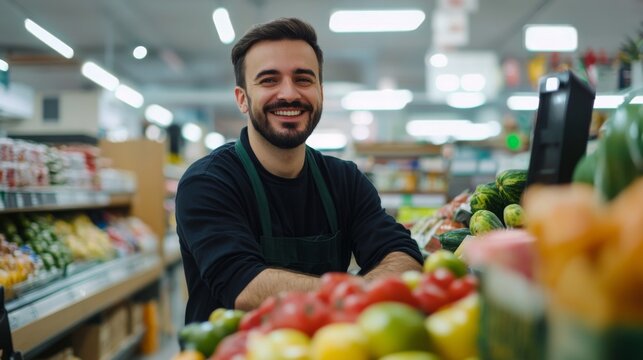 Smiling Grocer Man in Supermarket Aisle with Fresh Produce