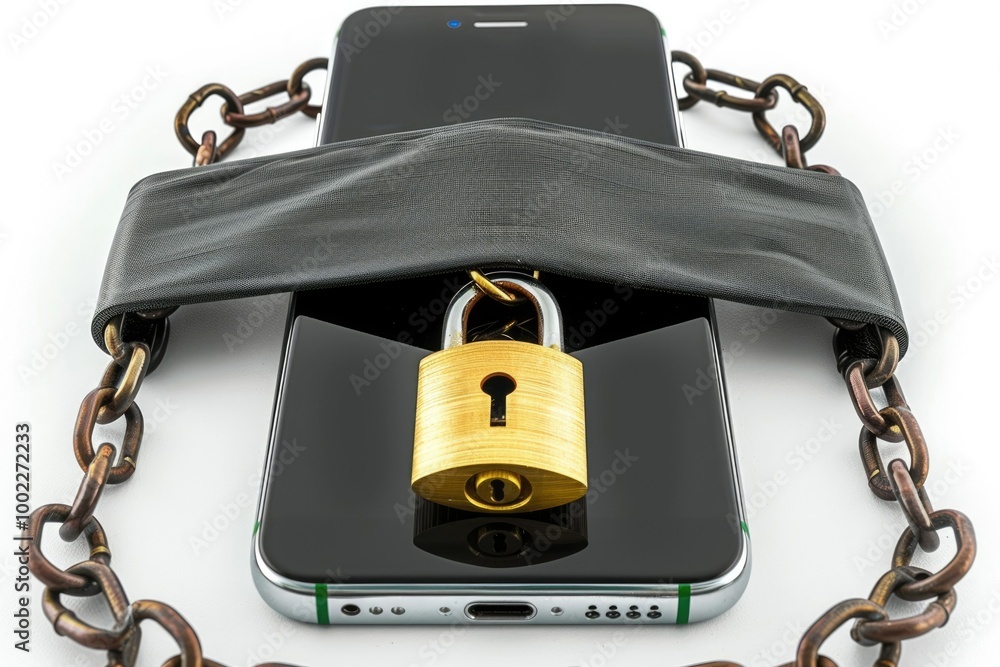 Poster smartphone security with chain and lock on white background.