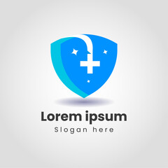 Healthcare Shield Logo: Protecting Your Health. This professional logo design features a shield with a medical cross and stars, symbolizing protection and care. vector illustration