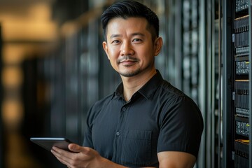 Asian Man Holding a Tablet in a Server Room