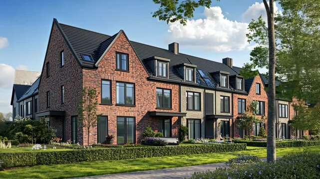 A row of brick townhouses with black trim and large windows sits on a quiet street with a green lawn and a single tree
