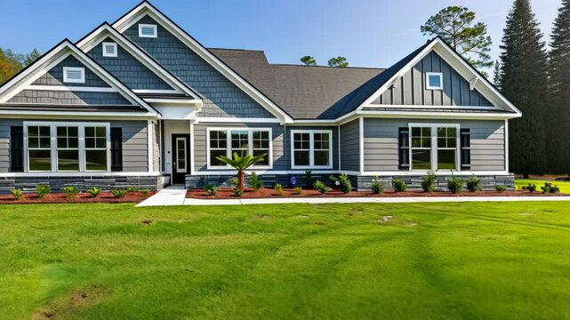 A modern house with blue siding sits on a large green lawn