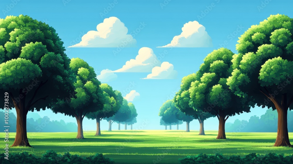 Poster Vibrant Forest Clearing with Blocky Trees and Soft Clouds