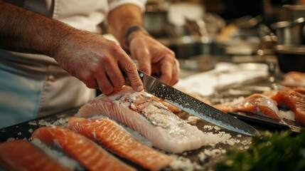 A Chef's Hand Slicing Salmon Fillet on a Black Surface