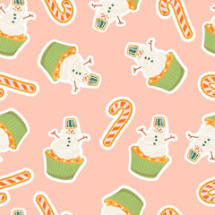Christmas pattern with cupcake in form snowman with candy cane. Winter holiday design for greeting card, invitation, cover, calendar, social media posts, menu, fabric, print