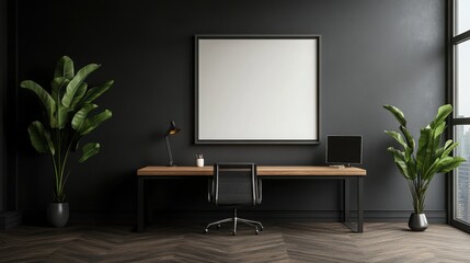 Mock up frame in a sleek, modern corporate office with no decorations, only a natural wooden desk and charcoal grey walls, 3D render