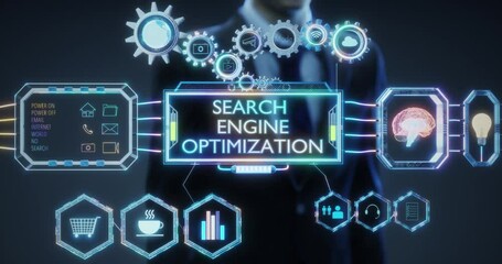 Businessman navigating futuristic search engine optimization interface - Powered by Adobe