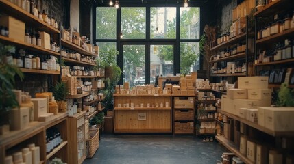 Natural skincare products displayed in a cozy wooden shop in a tranquil setting