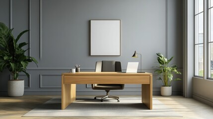 Mock up frame in a simple, empty business executive office with natural wooden desk and light grey walls, no decorations, 3D render 