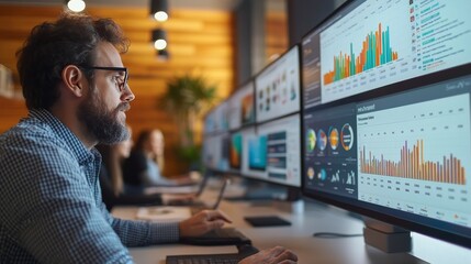 Man analyzing data on multiple screens in a modern office during daylight hours