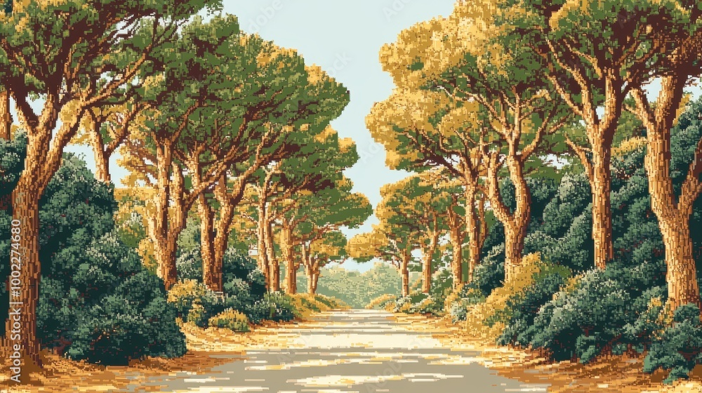 Poster retro pixelated forest path with dense trees