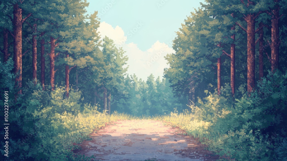 Poster retro pixelated path in a dense forest