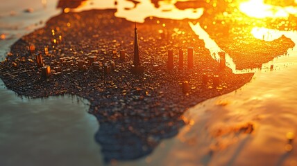 Abstract 3D illustration of map with bright city lights and skyscrapers at sunset