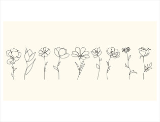5.epsContinuous line drawing set of plants black sketch flowers isolated on white background. Flowers one line illustration. Minimalist print set. Hand drawn.