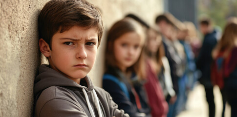 Obraz premium Concerned boy leans against wall, other children in background