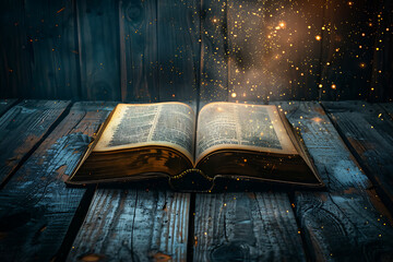 An open magic book on an old table.